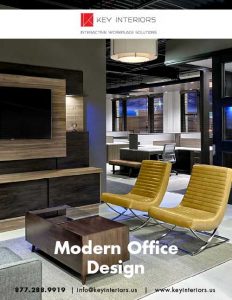 Modern office interior featuring two yellow lounge chairs, dark wood panels, and a contemporary work area.