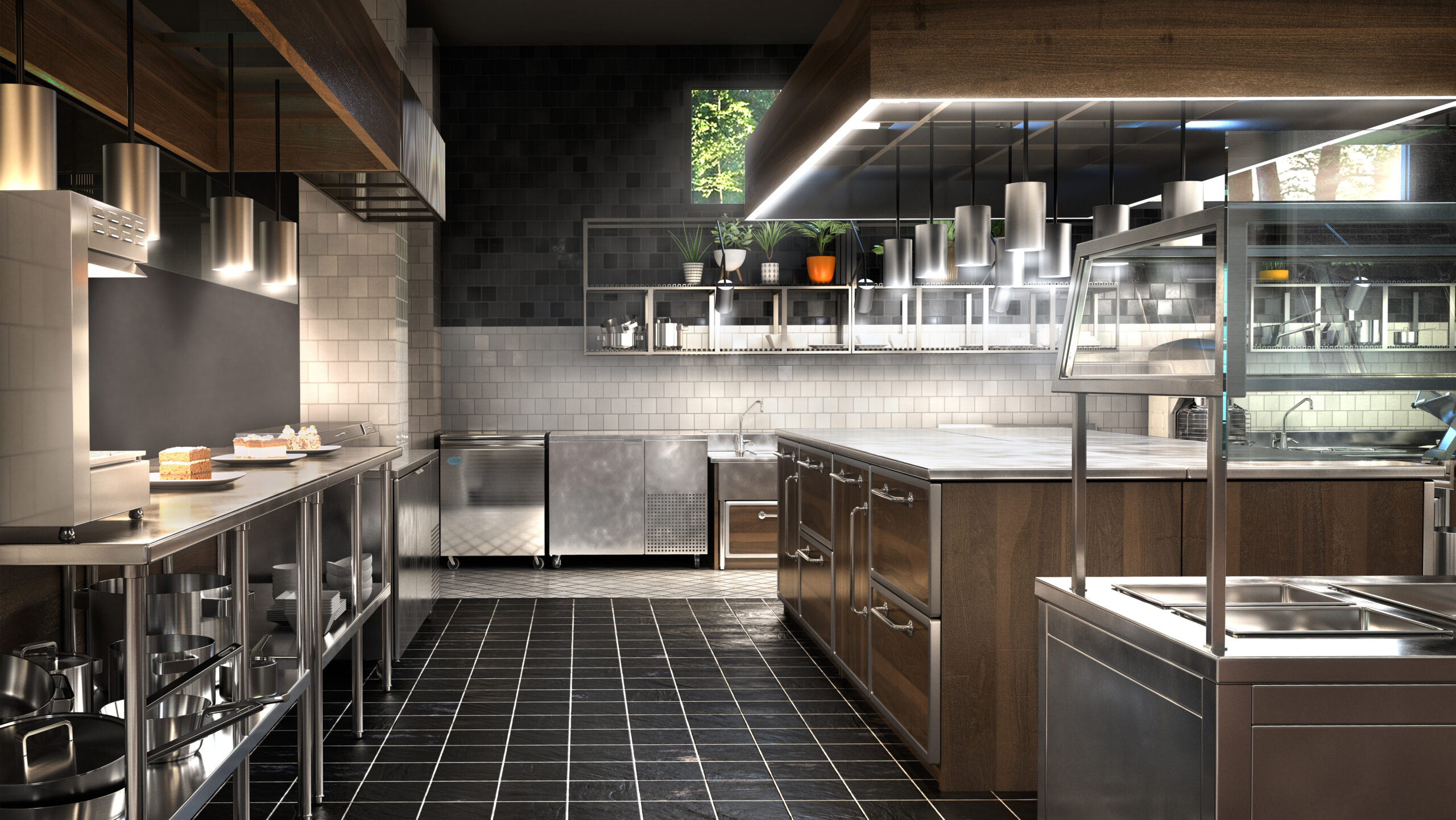 Restaurant kitchen interior with equipment 3d illustration