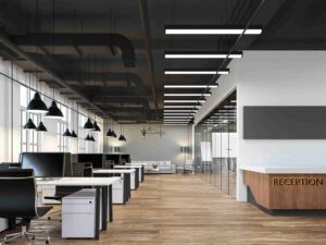 Modern loft style office interior 3d render.There are white and gray wall,old wood floor,black ceiling with building system pipe.