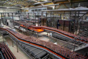 Production line of bottled ice tea beverage moving on conveyor belt in factory