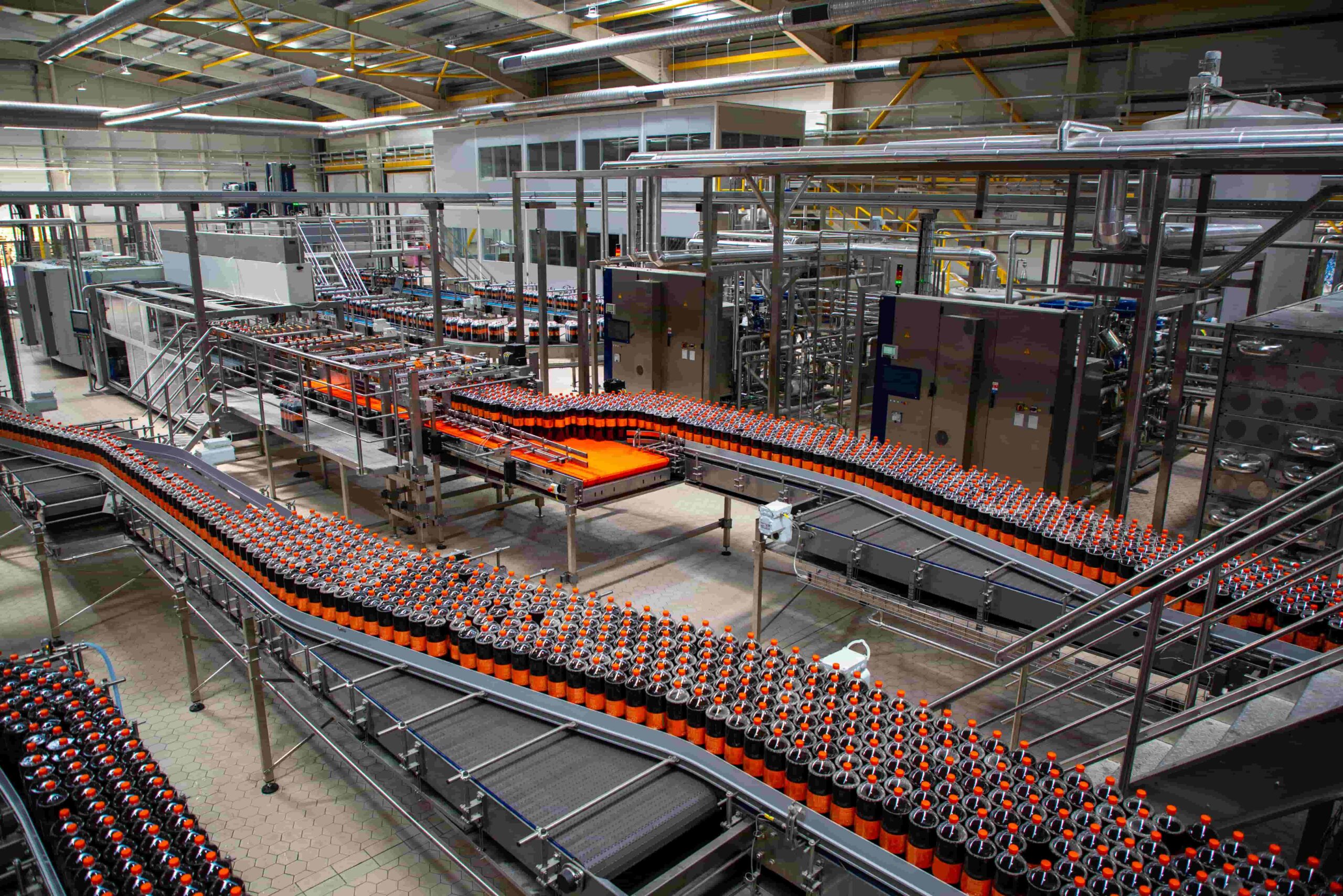 Production line of bottled ice tea beverage moving on conveyor belt in factory