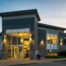 Small office building illuminated at night