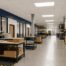 Former office space converted into warehouse or production space with industrial equipment.