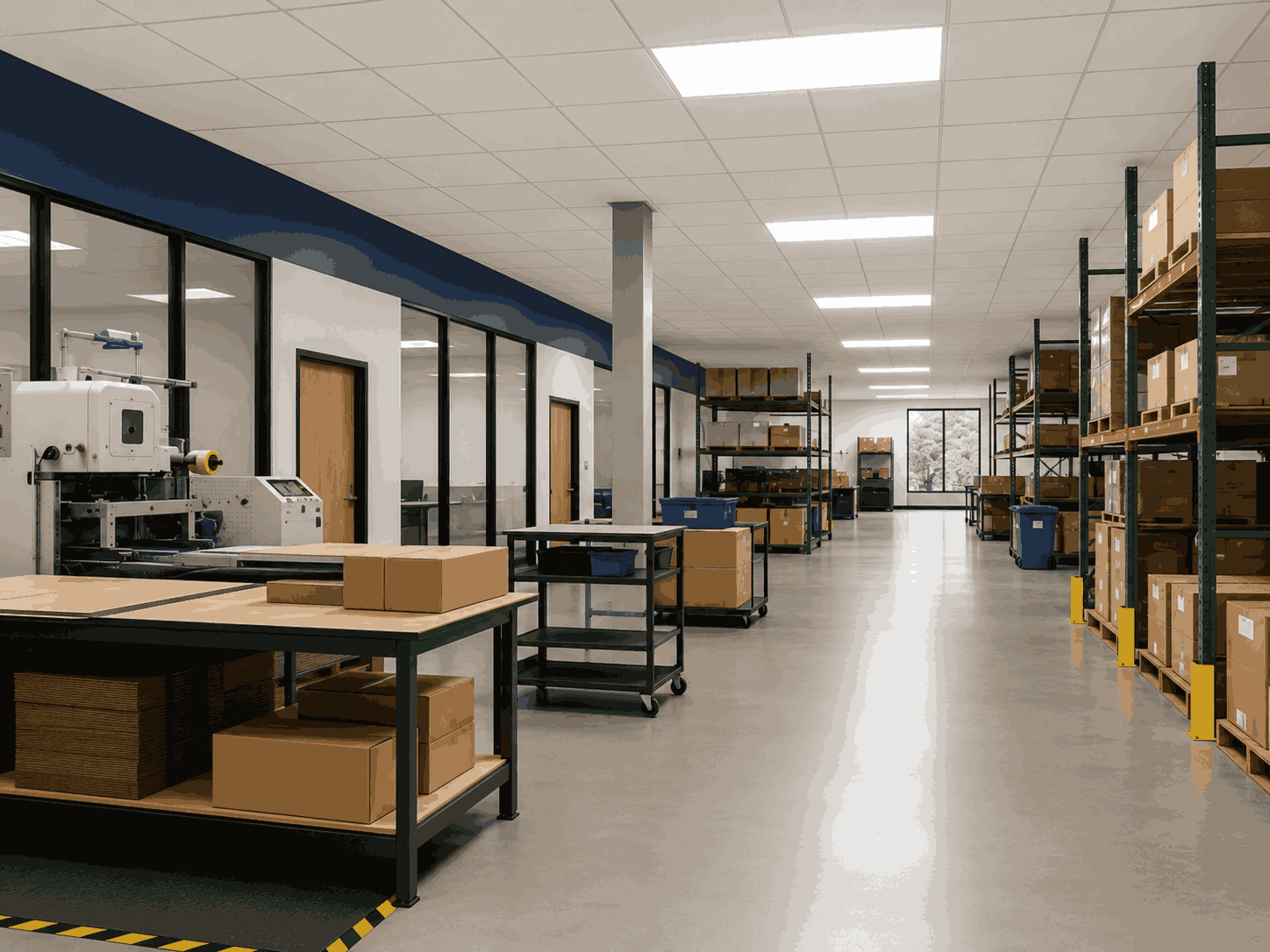 Former office space converted into warehouse or production space with industrial equipment.