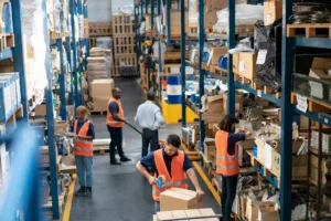 Employees working in an optimized e-commerce warehouse
