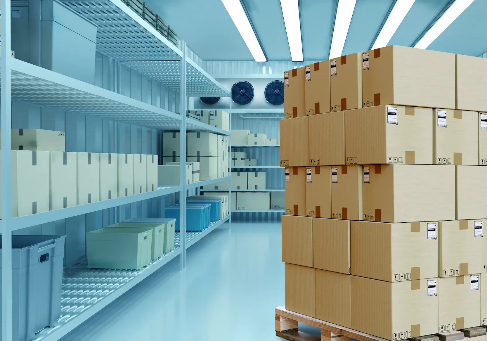 Cold storage warehouse with industrial refrigeration and storage racks