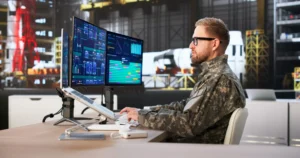 Military agent planning rocket construction in an aerospace facility
